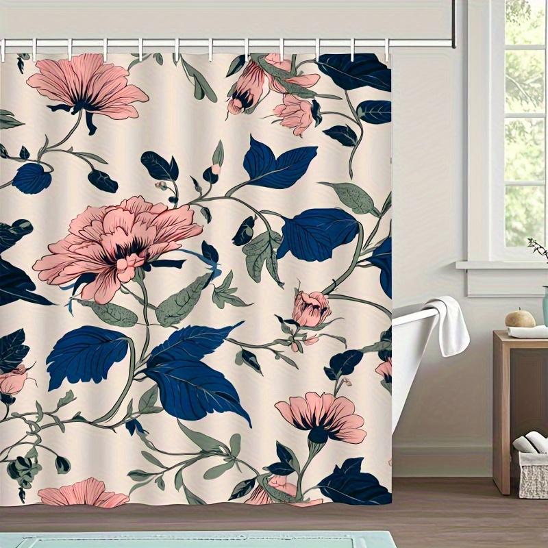 1Pc Romantic Pink And Blue Floral Shower Curtain, Polyester Fabric, Machine Washable, Suitable For Bathroom Decoration