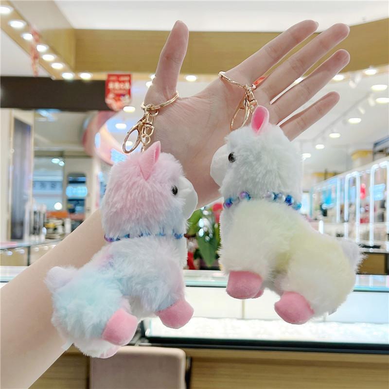 Fluffy Gradient Stuffed Alpaca Keychain Plush Durable Metal Clasp Cute Bag Charm for Daily Wear Accessory
