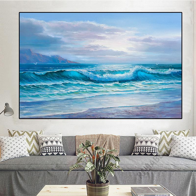 Obraz olejny Vintage Fale Morskie Wydrukowany na Płótnie Statek Zachód Słońca Pejzaż Plakaty i Druki do Dekoracji Salonu Cuadros