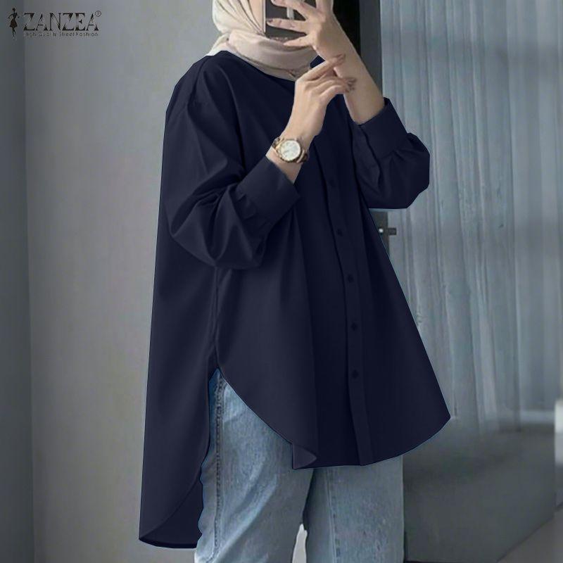 ZANZEA Blusa Casual para Mujer con Cuello Solapa Dobladillo Asimétrico Manga Larga Holgada