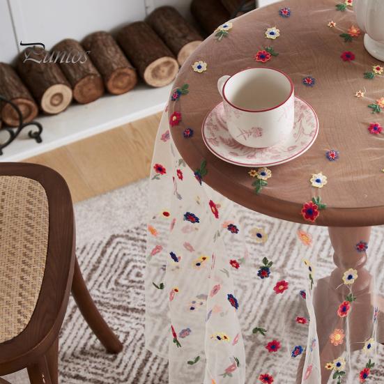 Transparent Dining Table Mat Thin Visible Mesh Colorful Flower Embroidery Round Table Protector Decorative Table Cloth for Party Decoration