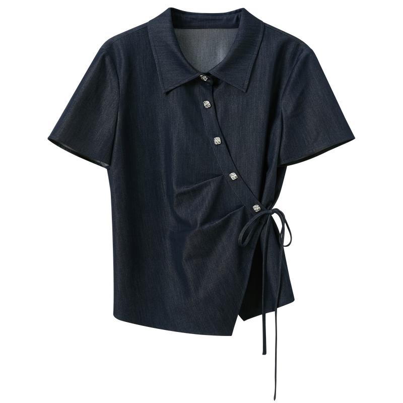 Sancai Women s Plus Size Deep Blue Lapel Tie-Waist Short Sleeve Shirt M