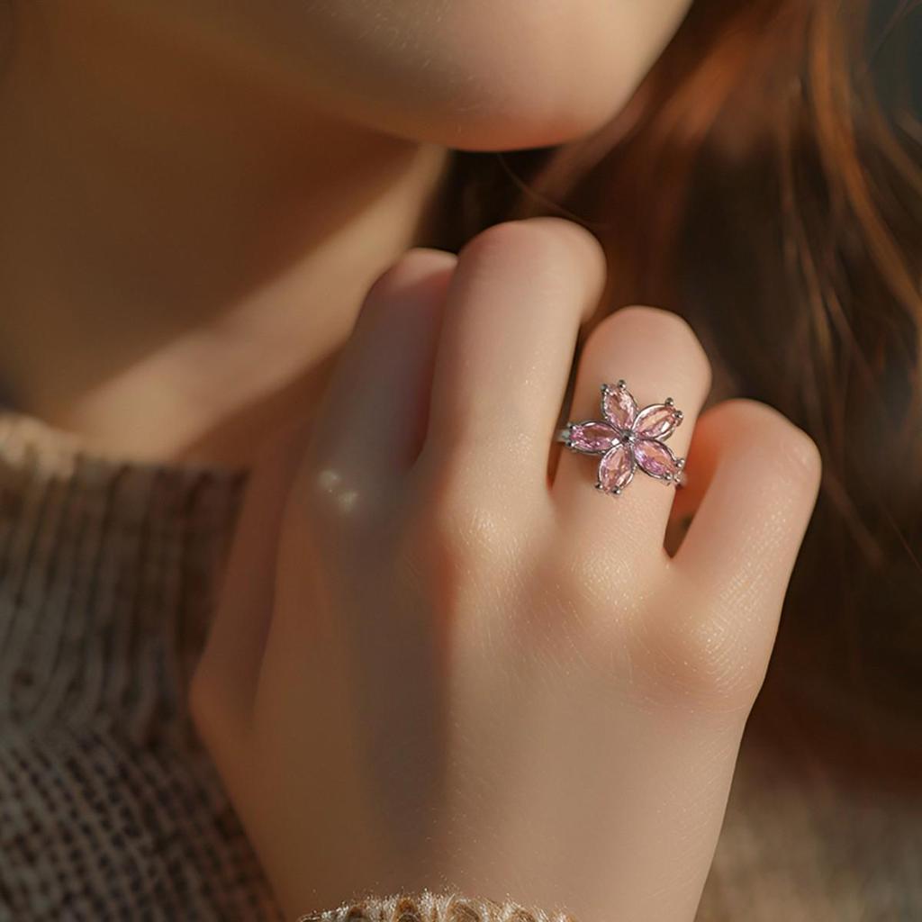 Cherry Blossom Pink Zircon Flower Rotating Anti-Anxiety Adjustable Ring for Women