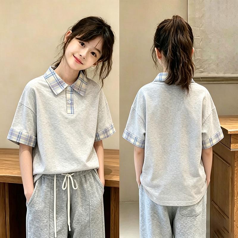 Girls' Trendy Korean-Style Summer Plaid Polo Shirt