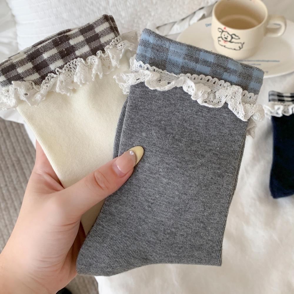 Retro Checkered, Stylish and Trendy Boneless Mid-calf Socks, Checkered Lace Fringed Pile Socks, Lace Socks for Women