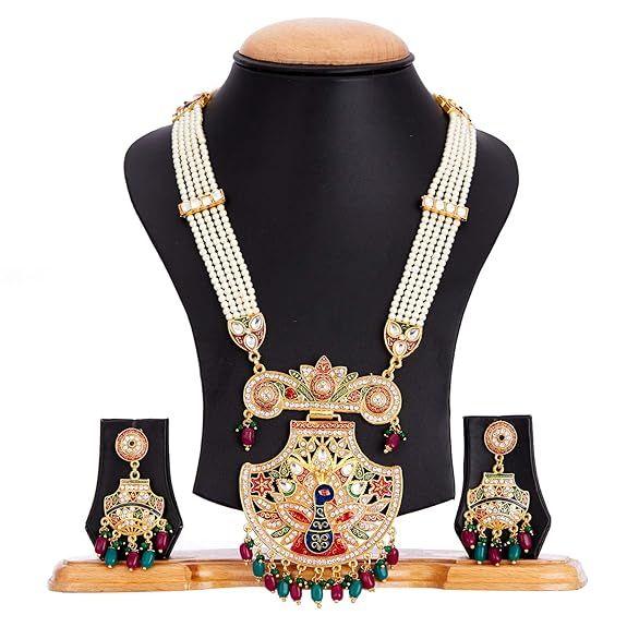 01 Jewellery Set Gold Plated Long Necklace Hyderabadi Design Pearl Peacock Necklace Set With Earring Jewellery For Women & Girls