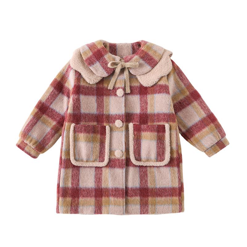 Girls' 2025 Mid-Length Plaid Wool Coat - Thickened for Autumn/Winter Warmth