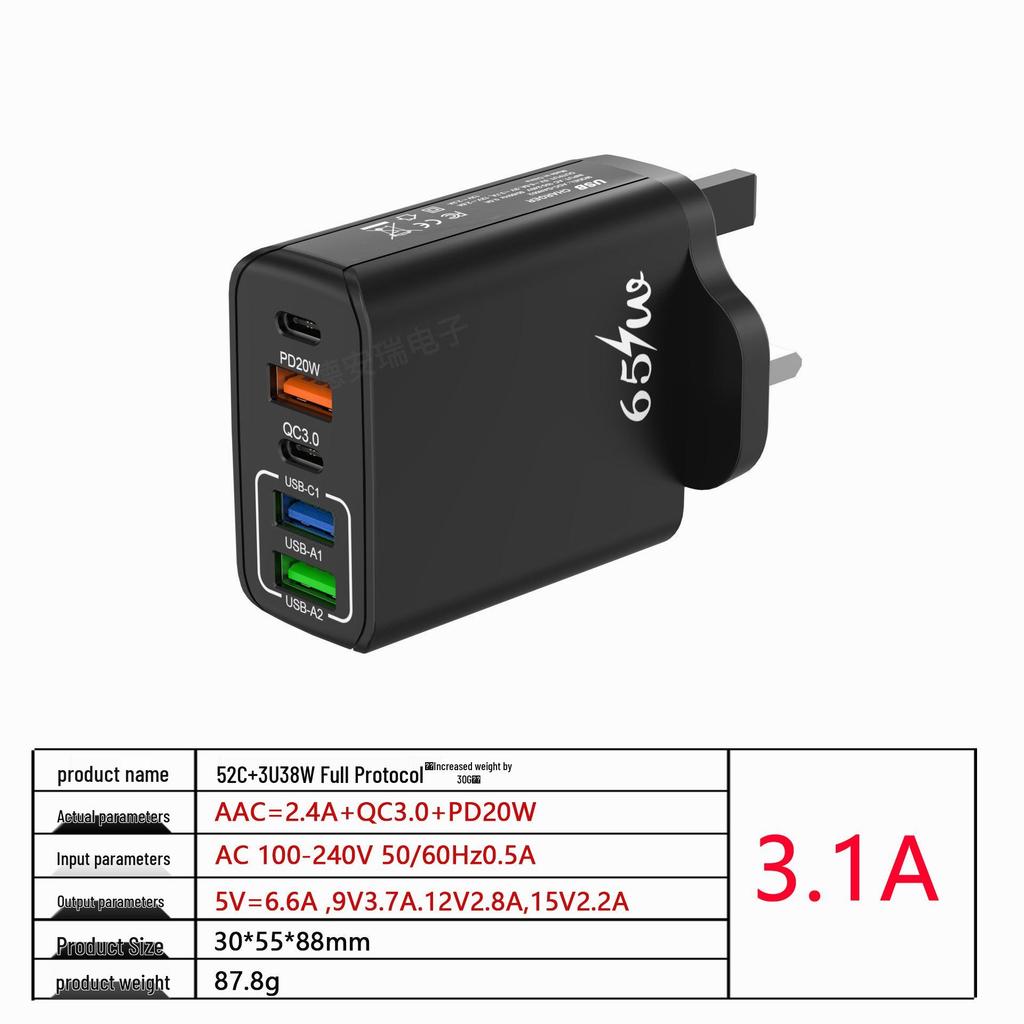 65W Multi-Port Mobile Charger, Fast Travel Adapter with European/UK/US Plug, 3.1A, 2C+3A