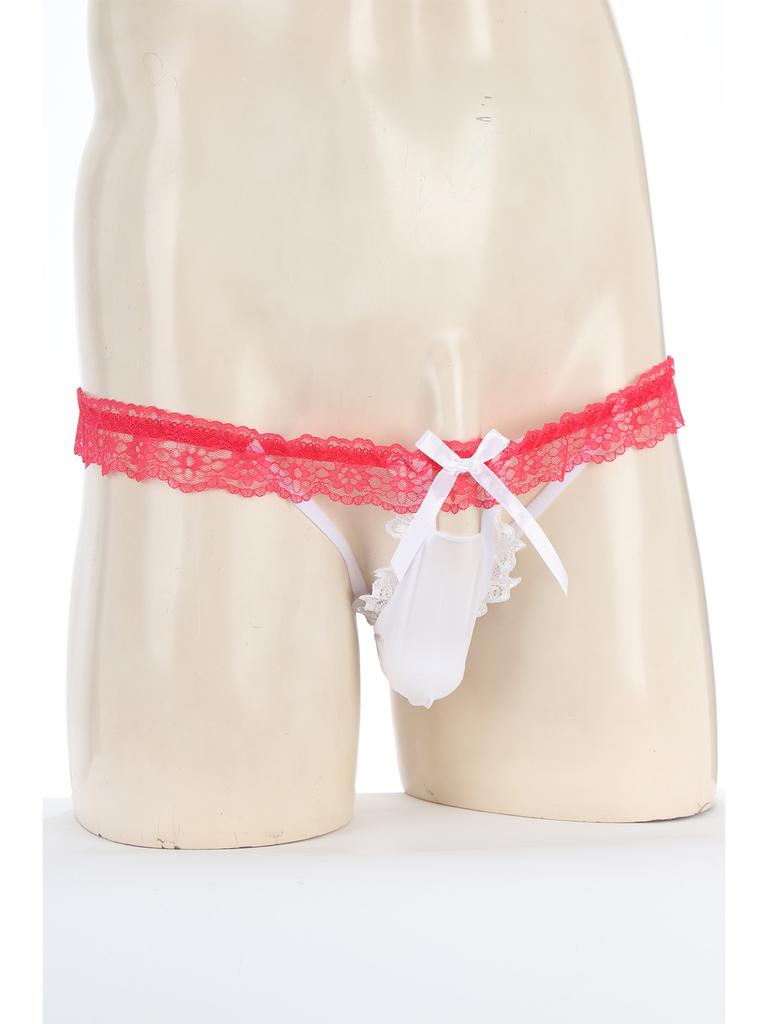 Bărbați din dantelă florală cu bandă elastică tanga sissy lenjerie de corp culoare contrastantă cu fundă husă umflături cu șnur decupat spate în T