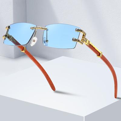 Sunglasses Frameless Square Small Frame Sunglasses Diamond-Encrusted Men'S Wood Grain Foot Glasses