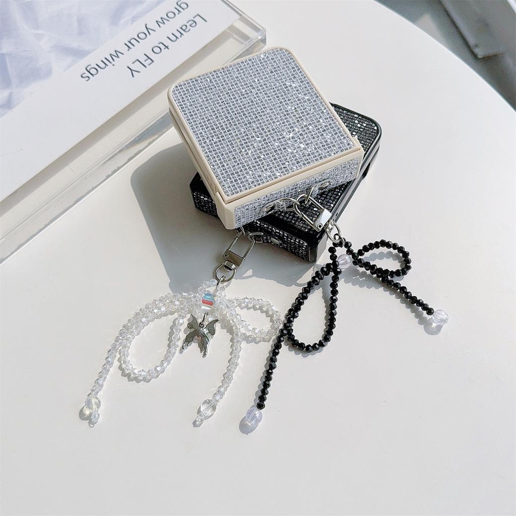 For Samsung Galaxy Z Flip5 5G Case Sequins Decor PC Phone Cover with Beaded Bowknot Pendant