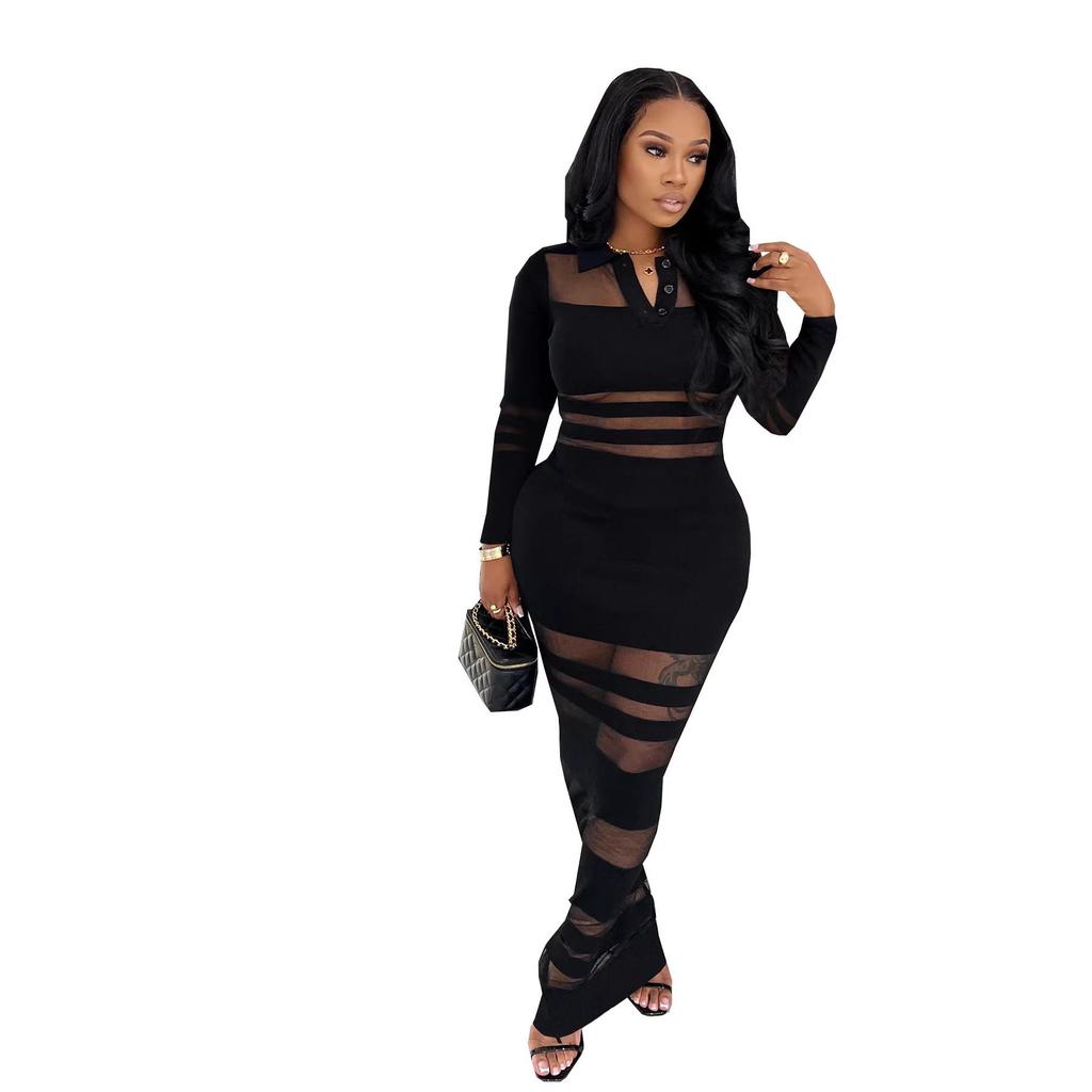 TW823 European and American Women's High-End Mesh Splicing Slim-Fit Waist-Cinched Long Dress for Autumn and Winter