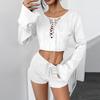 Casual Knit Shorts Suits Women O Neck Long Sleeves Bandage Tops Sets Female 2026 Spring Summer Lady Beach Sets 2 Pieces