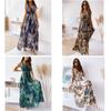 Boho Dress Sexy Deep V Neck Dress Printed Backless Maxi Dress Summer Beach Sleeveless Lace Up Dress
