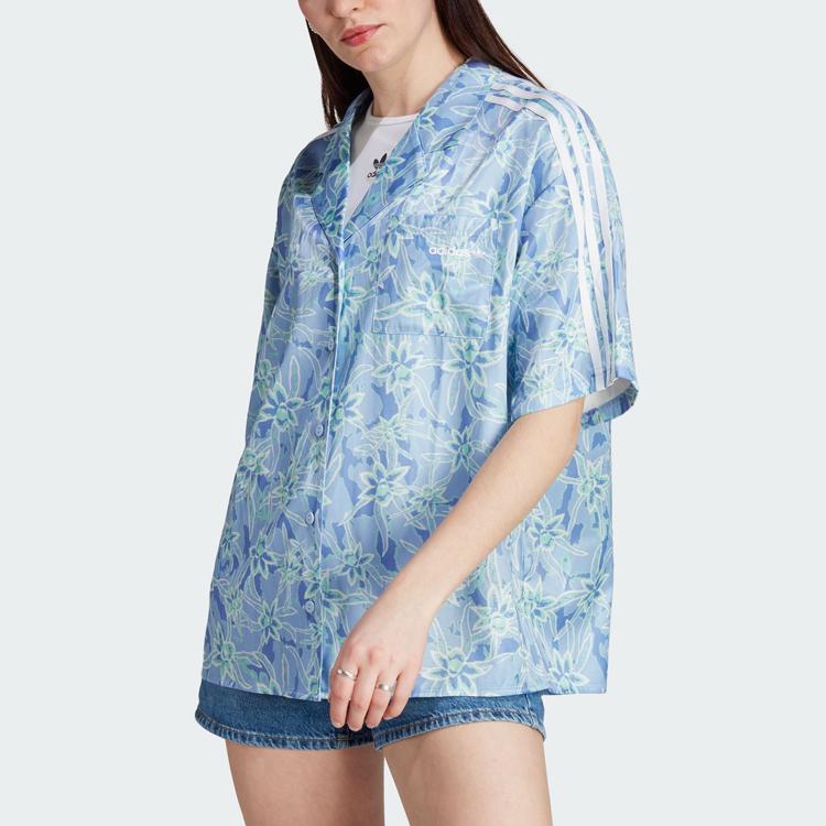 Adidas Originals Trefoil Resort Shirt Floral Print Loose Fit Sports Casual Short Sleeve Shirt Women shirts Light-Blue IT8165