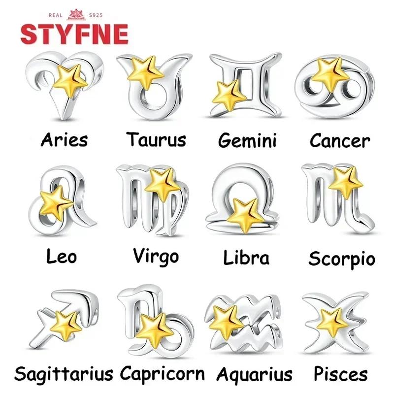Cartoon Taurus Gemini Star Heart Twelve Zodiac Sign Set Original Copper Charms Beads Fit Bracelet Diy Birthday Women Gift