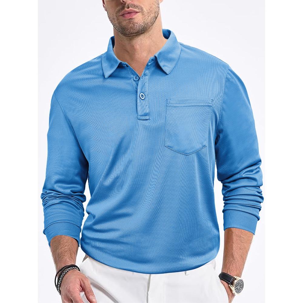 Polo da uomo casual a vestibilità larga, con bottoni sul davanti, tinta unita, maniche lunghe, colletto in rete