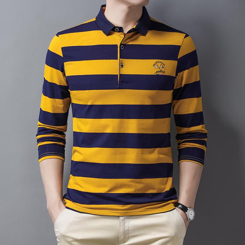 Neues Sommerstreifen-Stickerei Herren Streetwear Polohemd Baumwolle Freizeit Oberteil Mode Street Langarm Herrenbekleidung