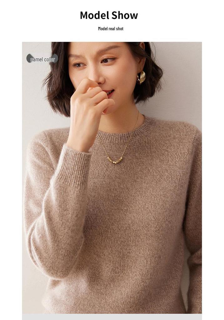 Women's Loose Fit Cashmere Sweater – Flower Yarn Round Neck Long Sleeve Pullover