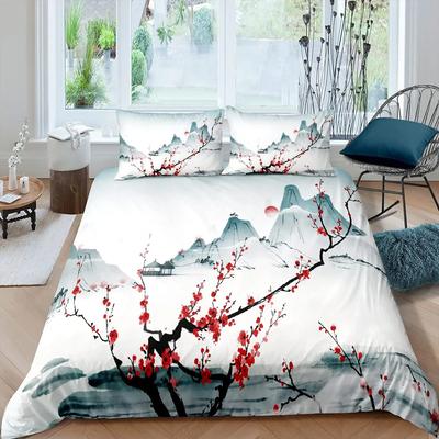 Red Plum Blossom King Queen Duvet Cover Ink Landscape Painting Bedding Set Chinese Style Quilt Cover Polyester Comforter Cover