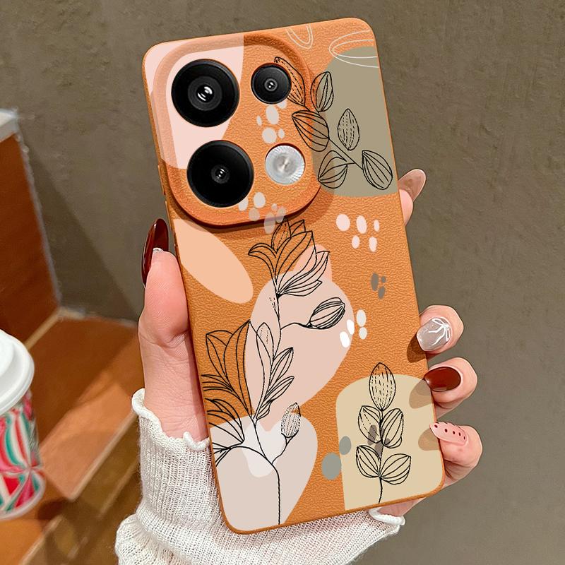 Simple Plant Floral Print TPU Matte Leather Texture Slim Phone Case For Xiaomi 13T Pro Poco X6 M6 Pro Redmi Note 14 Pro 13 12 11 Soft Shockproof Cover