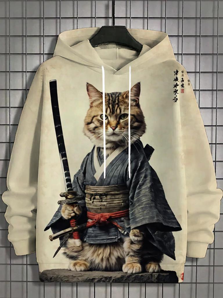 Japanese Samurai Cat Print Men's Hoodies Street Trend Hip Hop Y2k Clothes Fashion Pullover Autumn and Winter Casual Sweatshirts