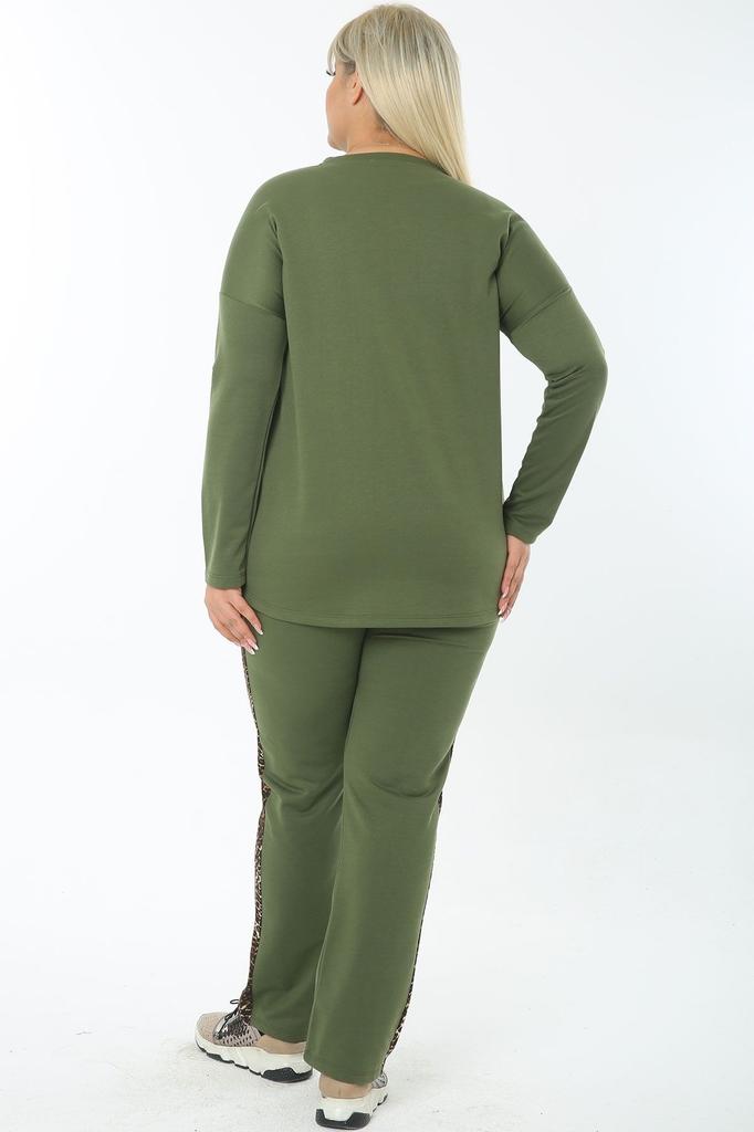 Damenmode Große Größe Trainingsanzug Set Übergröße Baumwolle Lila Hose Trainingsanzug Set mit Leopardenmuster-Verzierung an der Seite und Taille