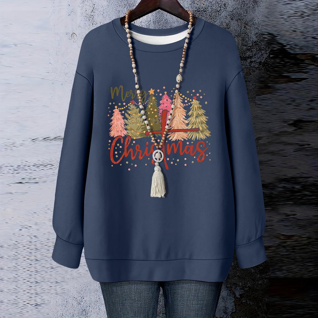 Ladies' Christmas Printed Round Neck Long Sleeved T-shirt Sweatshirt Top
