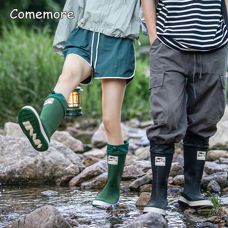Comemore Outdoor Women's Rain Shoes Mid-calf Fishing Non-slip Waterproof Shoe Couple Work rainboots Rubber Warm Boots 44