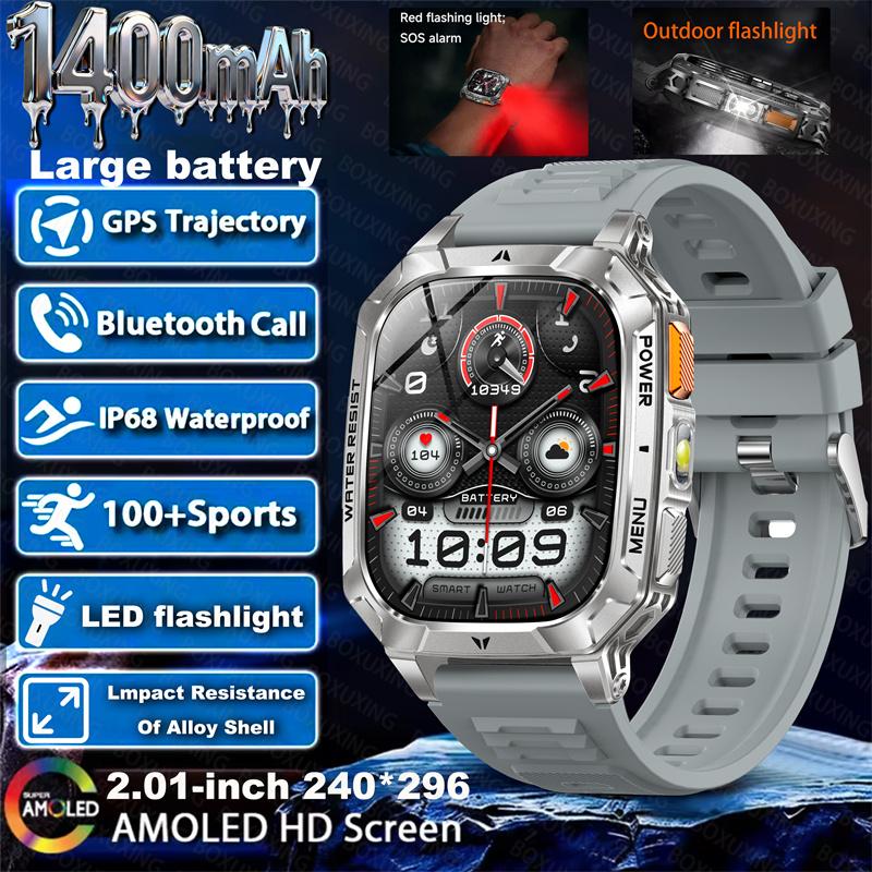 

Outdoor military Smart Watch 1400mAh Battery Fitness Tracking 10ATM Waterproof Tactical Sports Flashlight Men s Phone Watches 1400 Large battery сірий