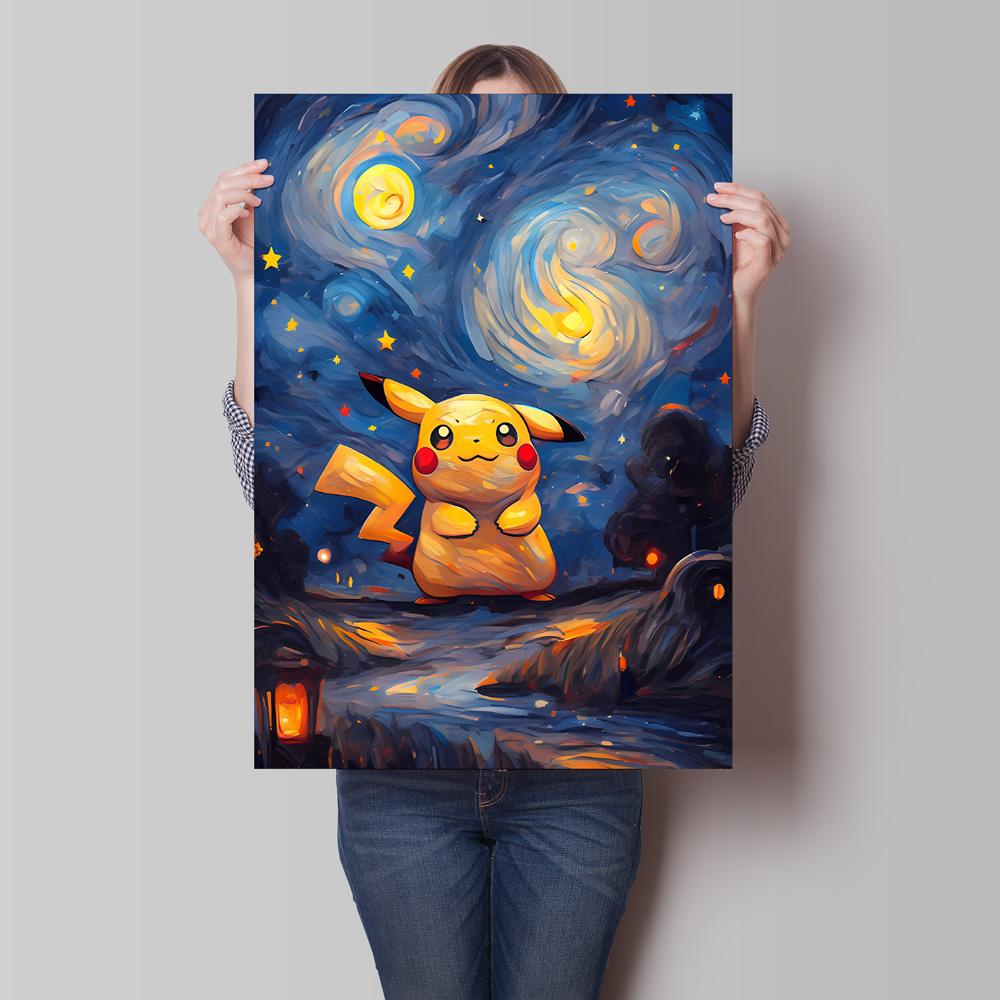 Classic Canvas Painting  Pikachu Anime Figures Van Gogh Poster Prints Hd Home Room Comics Pictures Decor Holiday Gift