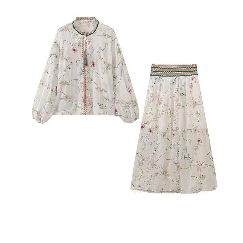 Kaslead New Arrival Women's Fashion Style Flower Embroider Shirt Casual Skirt Suit 5770537