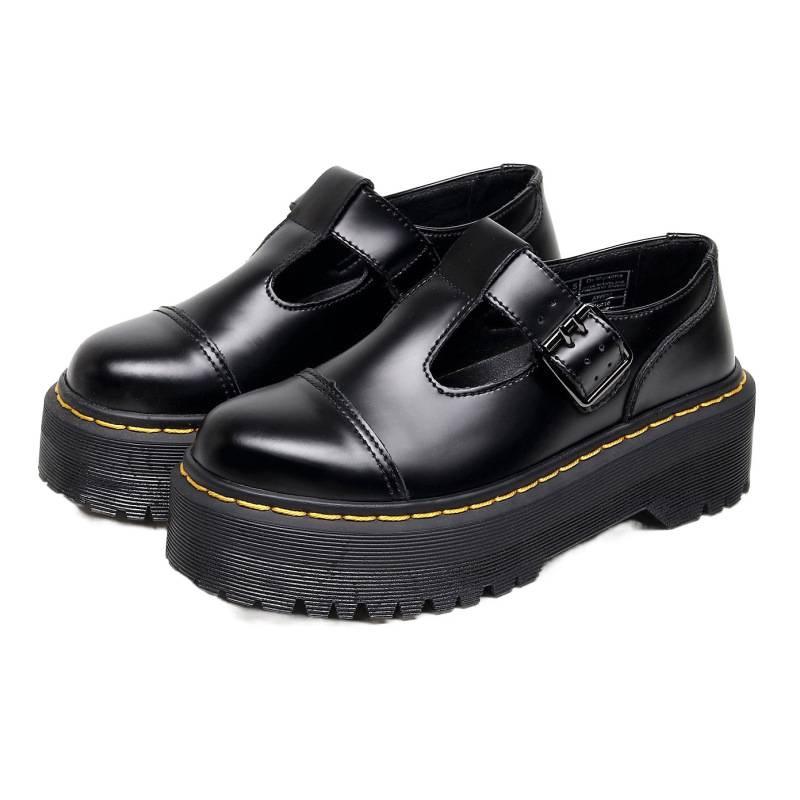 Xqwewanticeaa Women's Black Generation Platform T-Strap Mary Jane Shoes, Genuine Leather Low-Top British Style Heightening Shoes Cm