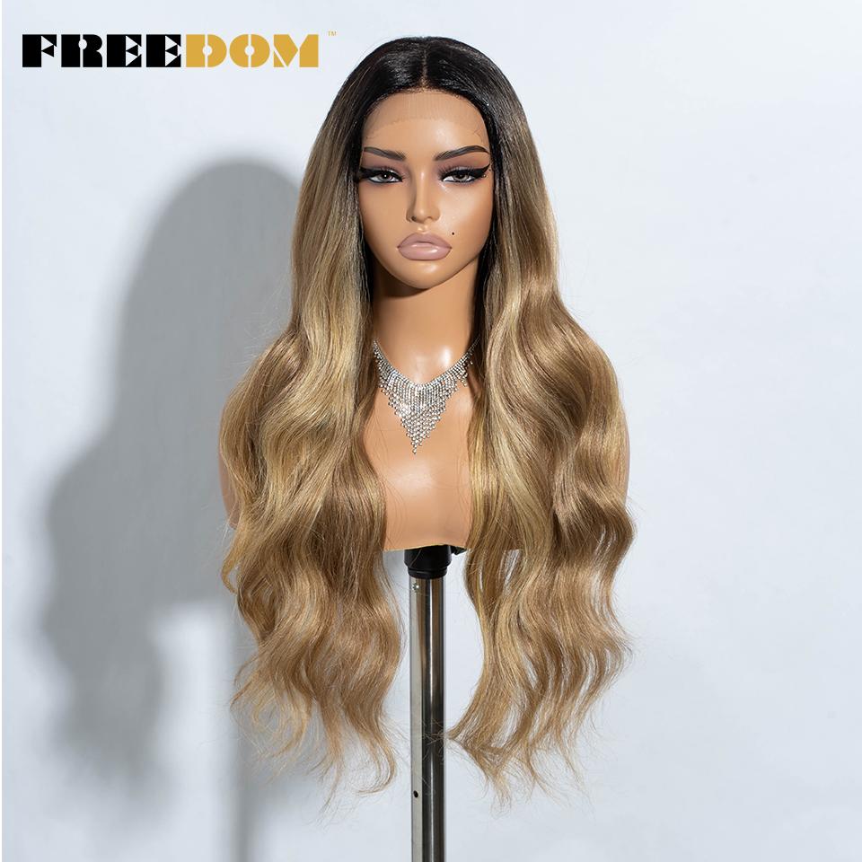 FREEDOM Synthetic Lace Front Wigs For Women Long Wavy 30" Body Wavy Long T Part Lace Wig Ombre Blonde Ginger Blue Cosplay Wig