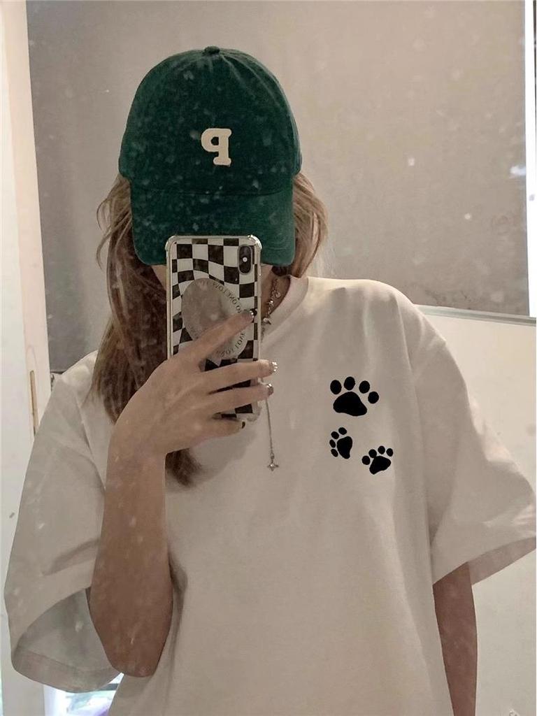 Women's 2025 Summer White Cotton Short-Sleeve T-Shirt with American Straight Shoulder Design