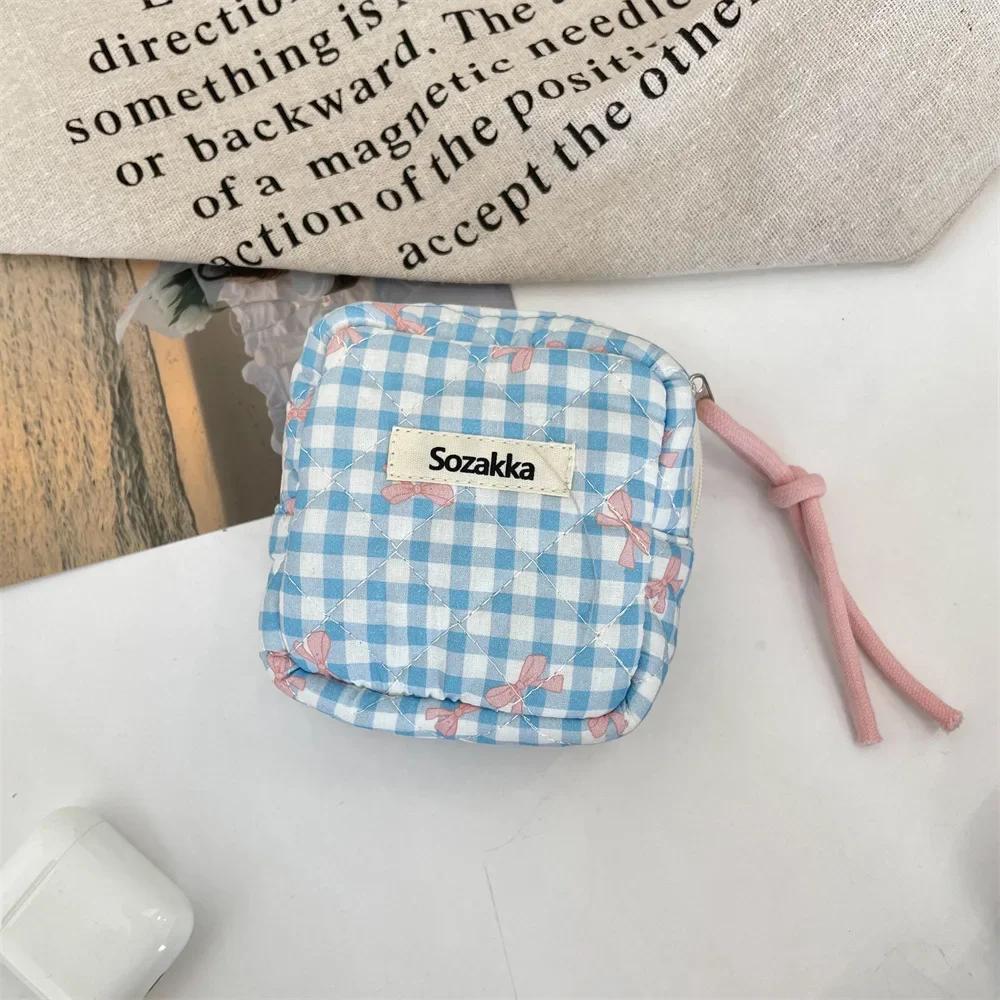 Large Capacity Plaid Bow Print Mini Cosmetic Bag Candy Color Makeup Sanitary Napkin Storage Cotton Cloth Small Item Bag