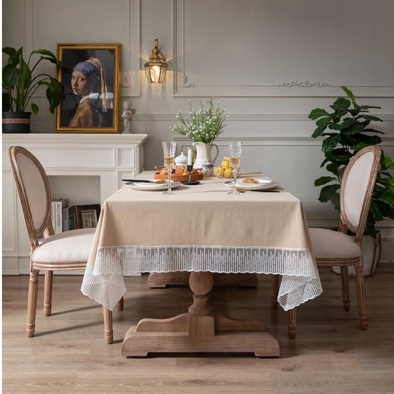 Solid Color Lace Edge Table Cover,French Retro Style Cotton Tablecloth,for Kitchen Dining Room Party Holiday Tabletop Decoration