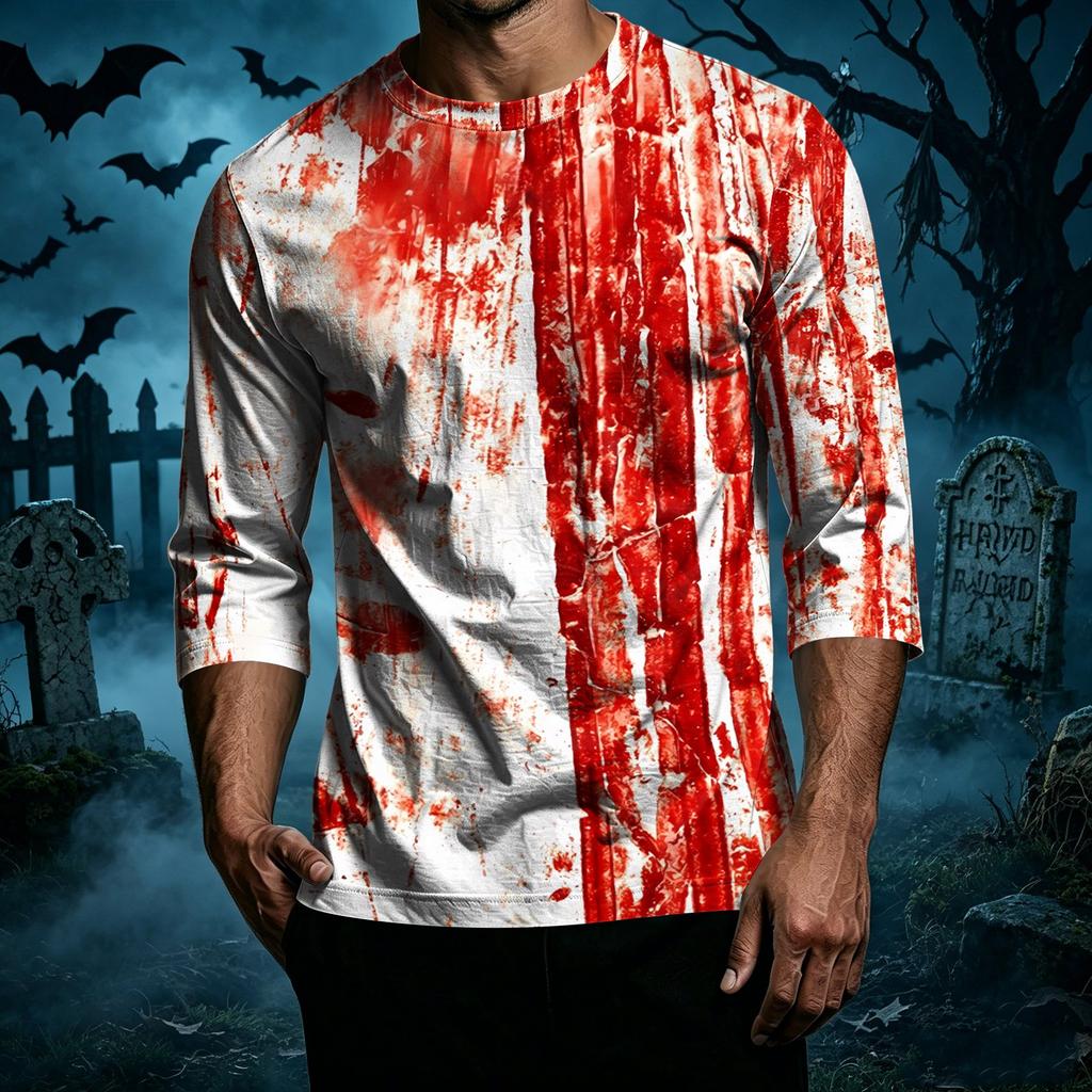 Men's Casual Halloween Print Crew Neck T Shirt Three Quarter Sleeve Top Comfortable Fit Lightweight Fabric Suitable for Everyday Wear