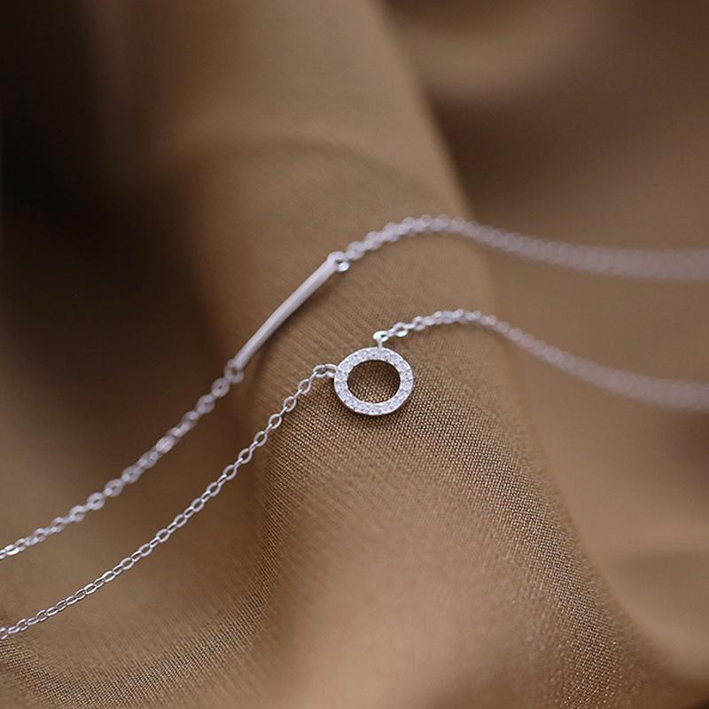 Collier en argent sterling 925 avec pendentif rond en cristal et chaîne à maillons double couche pour filles et femmes