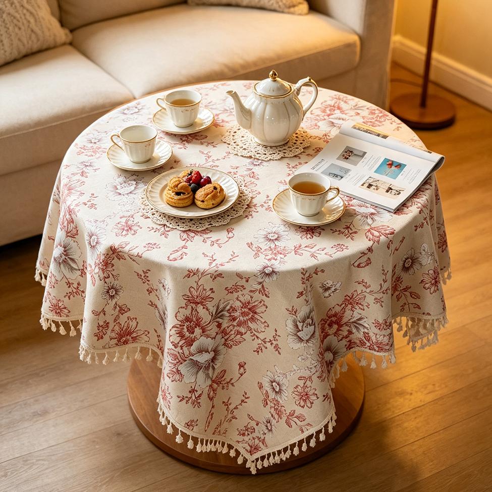 Retro Style Round Tablecloth with A Floral Print Polyester Cotton Blend for Dining Kitchen Tea Parties Garden Buffets and Farmhouse Decor.