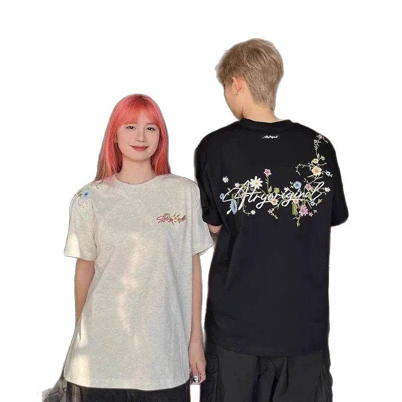 Oversize Flower Embroidered Bottoming Shirt Women's Design Top Spring and Summer Thin Temperament Short-sleeved T-shirt Men