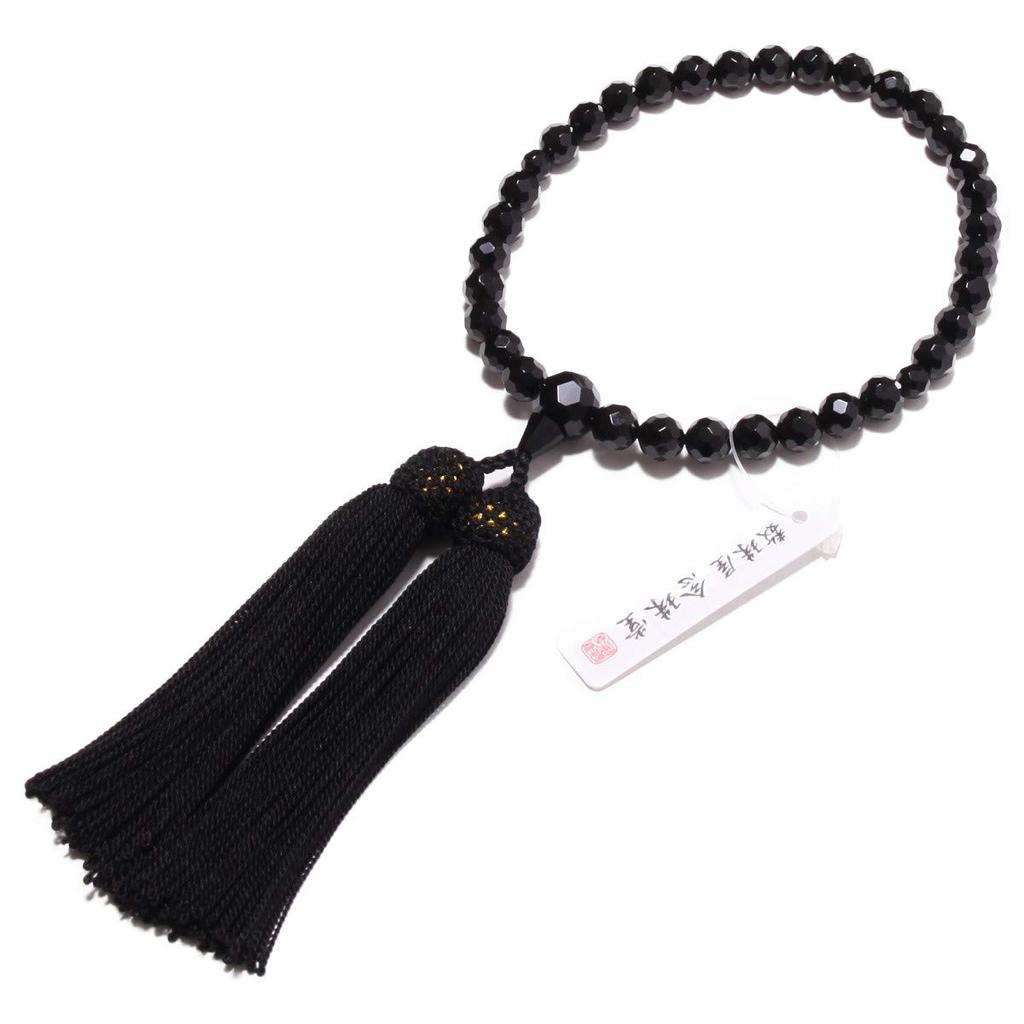 Nenjudo Made In Japan Women's Handmade Prayer Beads, 48-Face Cut, Premium Natural Black Onyx with 100% Silk Tassel, Suitable for All Sects, Made In