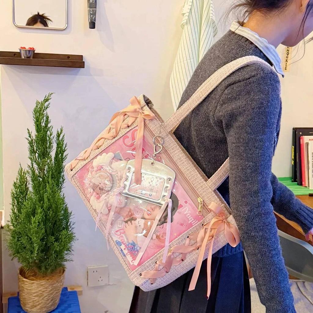 New Y2K Ribbon Bow Japanese Ita Shoulder Bag Cute Girl Transparent Pocket Large Capacity Crossbody Tote Bag DIY Display Handbags