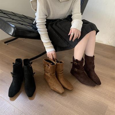 Damenstiefel niedriger Absatz dicker Absatz vielseitig 2025 neue Herbstmode Stiefel dünne Gürtelschnalle