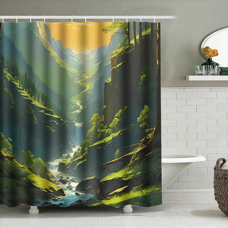 Vivid Green Forest Shower Curtain Nature River Landscape Design For Bathroom Decorations Waterproof Fabric Material 180 X 240Cm
