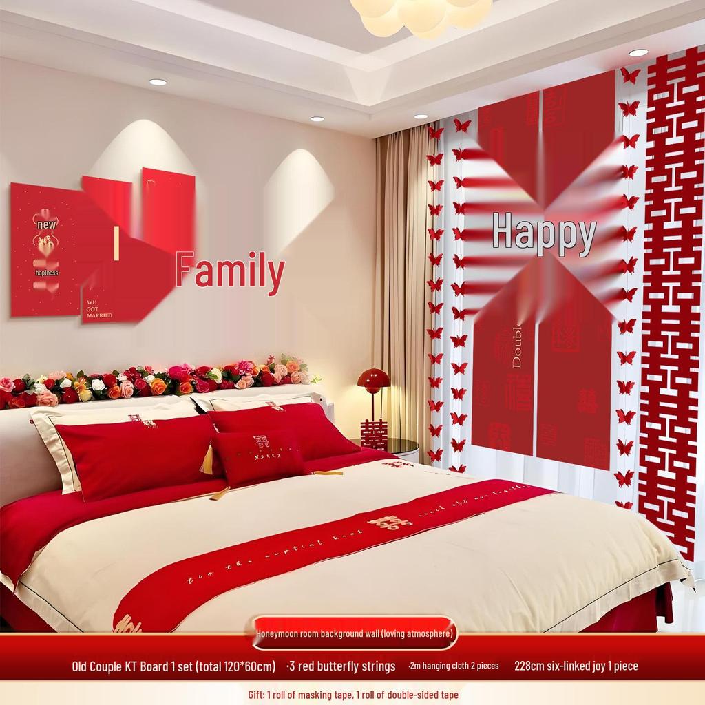 Wedding Room Décor Set: Bride & Groom Bedside Background with Pull Flowers & Double Happiness KT Board