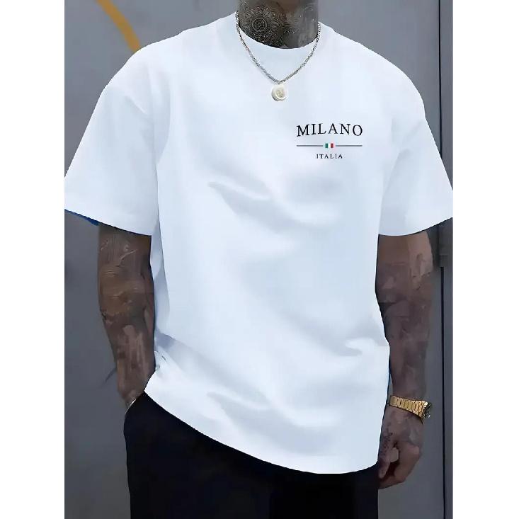 Men's Simple MILANO Print Crew Neck Short Sleeve T-Shirt, Minimalist Fashionable Comfort Breathability Casual Sport Tee