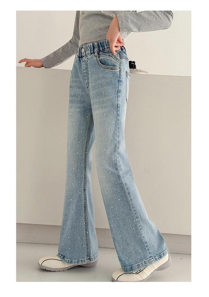 Girls' Rhinestone Distressed High-Waist Flare Jeans with Star Design - Autumn 2026 Collection for Kids