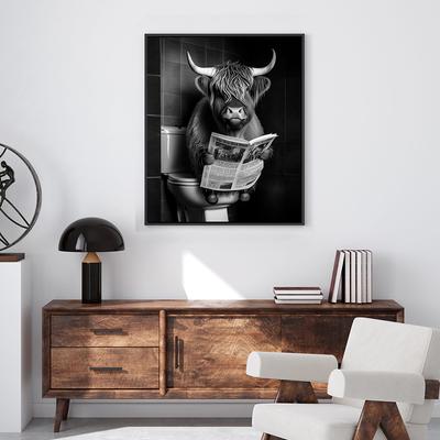 Funny Highland Cow Watch Newspaper In Toilet Canvas Prints Farmhouse Wall Art Poster For Bedroom Living Room Bathroom Home Decor