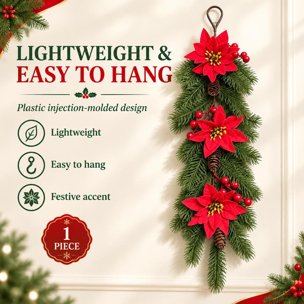 European Style Plastic Christmas Wreath Ornament with Pine Needles and Red Berries